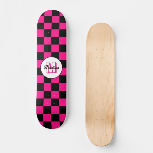 Geruite vierkanten heet roze zwart retro Monogram Skateboard (Voorkant)