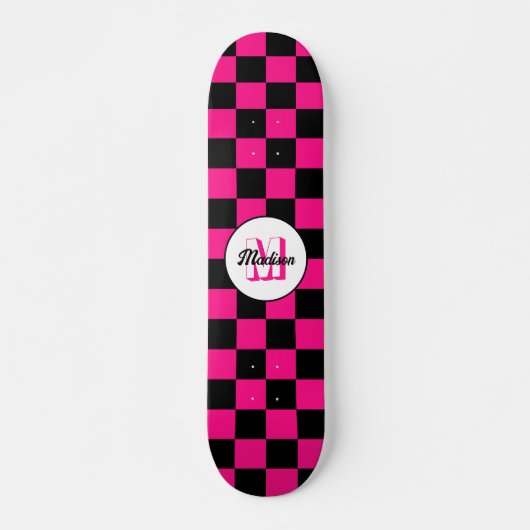 Geruite vierkanten heet roze zwart retro Monogram Skateboard (Voorkant)