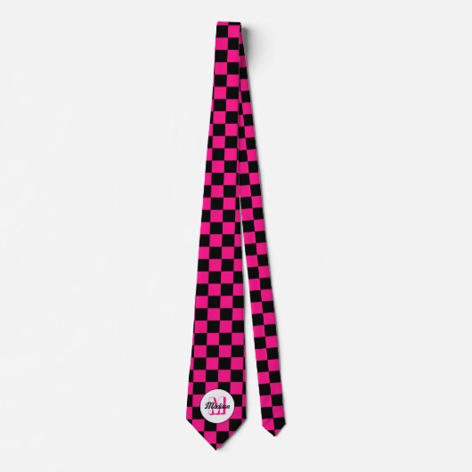 Geruite vierkanten heet roze zwart retro Monogram Stropdas (Voorkant)