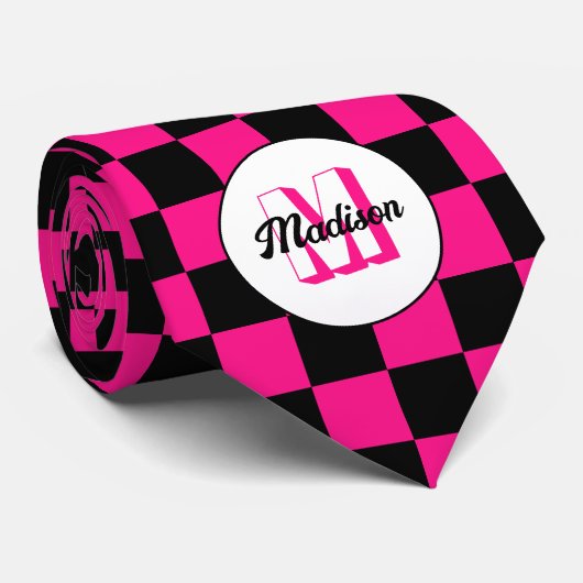 Geruite vierkanten heet roze zwart retro Monogram Stropdas (Opgerold)