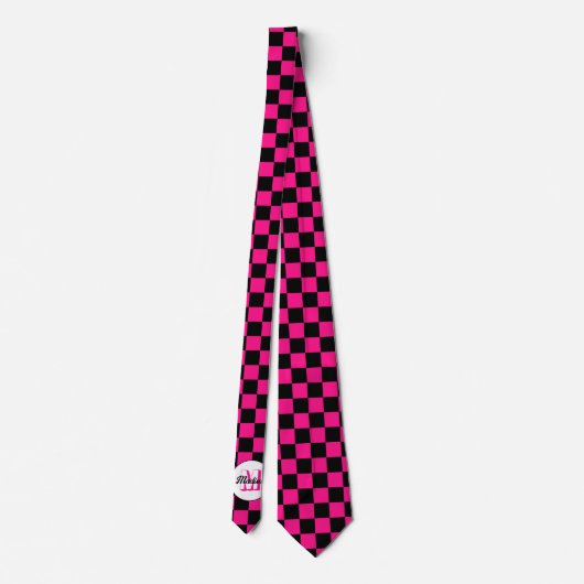 Geruite vierkanten heet roze zwart retro Monogram Stropdas (Achterkant)