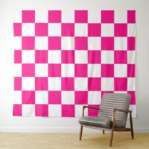 Geruite vierkanten hete roze witte geometrische re wandkleed