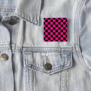 Geruite vierkanten hete roze zwart geometrisch ret vierkante button 5,1 cm