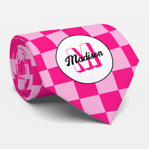 Geruite vierkanten licht heet roze retro Monogram Stropdas