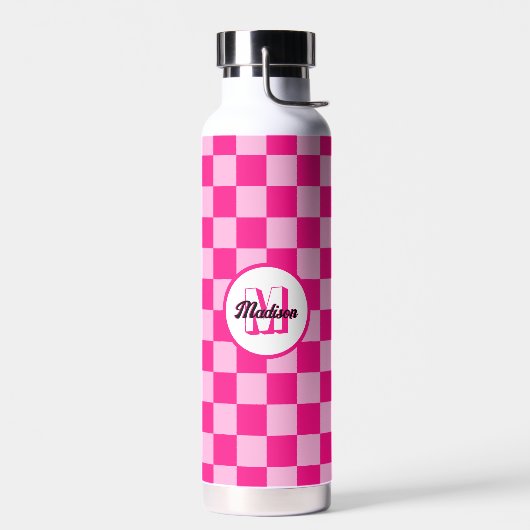 Geruite vierkanten licht heet roze retro Monogram Waterfles (Links)