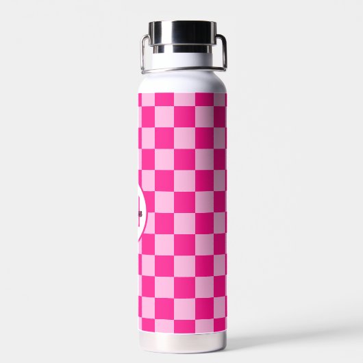 Geruite vierkanten licht heet roze retro Monogram Waterfles (Achterkant)