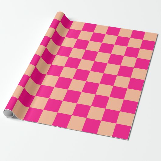 Geruite vierkanten perzik heet roze geometrische r cadeaupapier (Uitgerold)