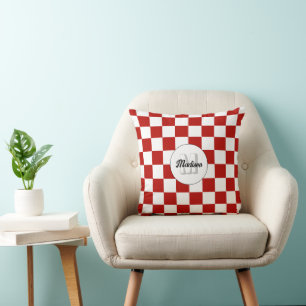 Geruite vierkanten Rood en wit retro monogram Kussen