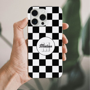 Geruite vierkanten zwart en wit retro monogram iPhone 15 pro max hoesje