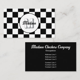 Geruite vierkanten zwart en wit retro monogram visitekaartje