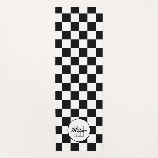 Geruite vierkanten zwart-wit retro monogram yogamat (Voorkant)