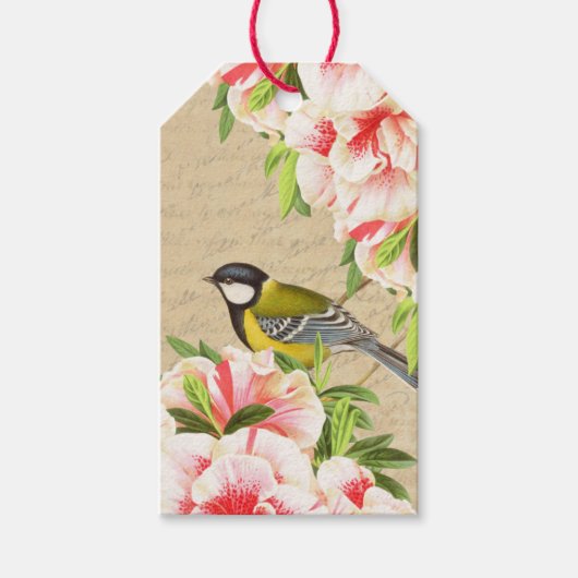  geschenk labels met vogel en roze bloemen cadeaulabel (Voorkant)