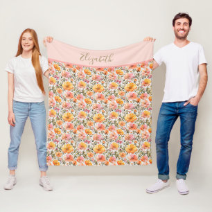 Geschenk met monogram roze geel oranje wilde bloem fleece deken