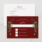 Geschetste Bloemen Groene Bladeren Donkerrood Wijn RSVP Kaartje (Voorkant / Achterkant)