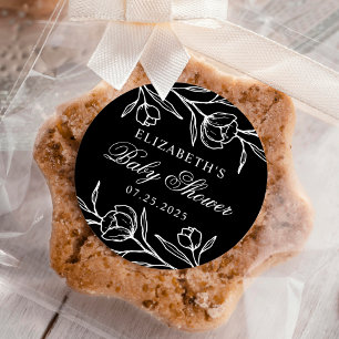 Geschetste bloemen zwart-wit babyfeestje ronde sticker
