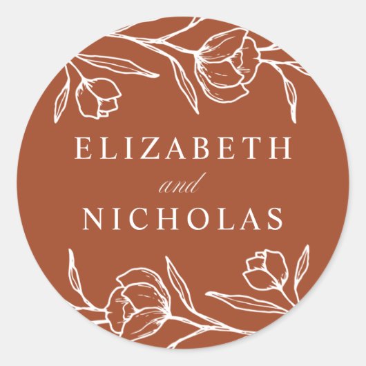 Geschetste bloementerracotta bruiloft ronde sticker (Voorkant)