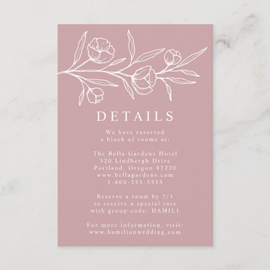 Geschetste Floral Dusty Roos bruiloft details Informatiekaartje (Voorkant)