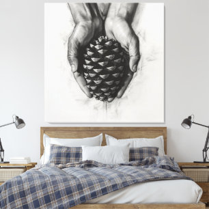 Geschetste handen met pijnappel canvas afdruk