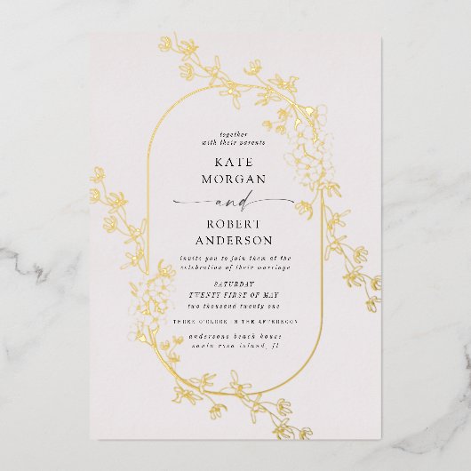 geschetste moderne bloemige bruiloft folie uitnodiging (Voorkant)