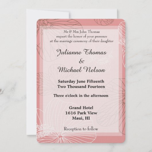 Geschetste roze bloemenbruiloft kaart (Voorkant)