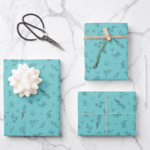 Geschetste wilde bloemen op licht teal inpakpapier vel