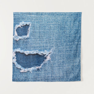 Gescheurde denim stof textuur, blauwe tinten. wandkleed