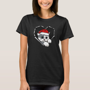 Gescheurde Stof Kat Gezicht Met Kerstmuts Gat Hart T-shirt