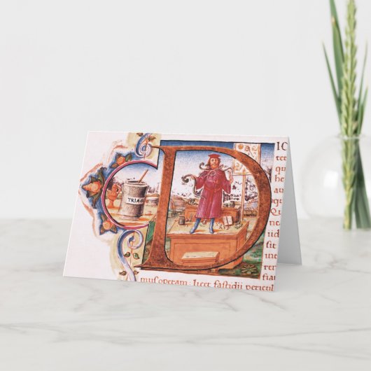 Geschiedeniseerd initiaal "D" waarin een apotheker Notitiekaartje (Voorkant)