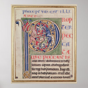 Geschiedeniseerd initiaal "P" met een veenjacht Poster