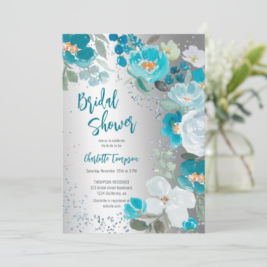 Geschilderd Blauw Zilver Bloemen Winter vrijgezell Kaart (Staand voorkant)