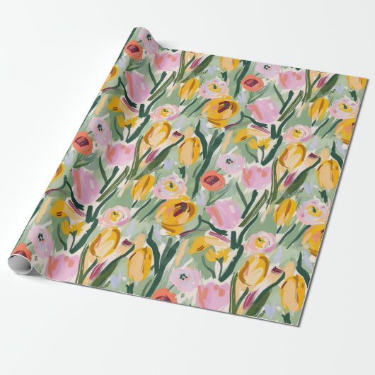 Geschilderd Bloemen Tulp & Zonnebloem Wrapping Pap Cadeaupapier (Uitgerold)