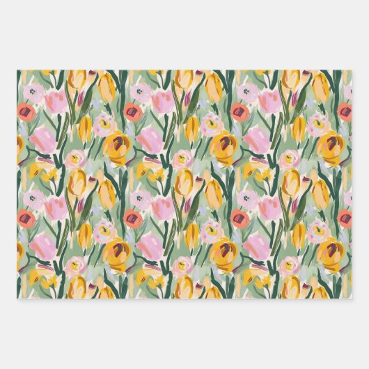 Geschilderd Bloemen Tulp & Zonnebloem Wrapping Pap Inpakpapier Vel (Voorkant)