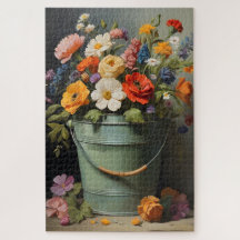 Geschilderd boeket zomerbloemen in een groen emmer