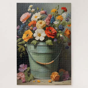 Geschilderd boeket zomerbloemen in een groen emmer legpuzzel