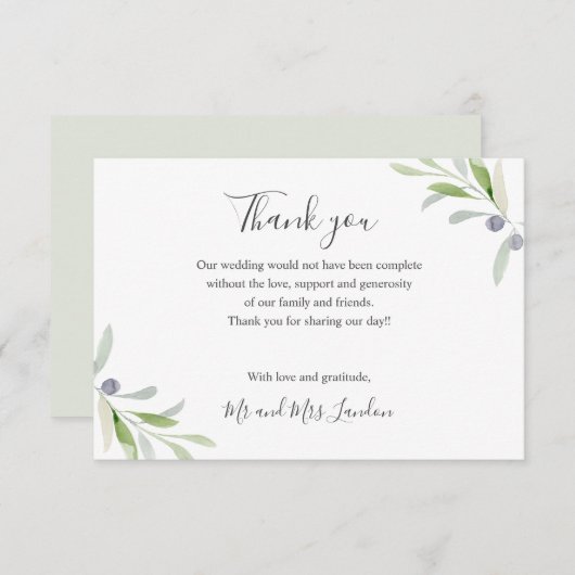 Geschilderd Olijf en bladeren groen Bruiloft dank  Bedankkaart (Voorkant / Achterkant)