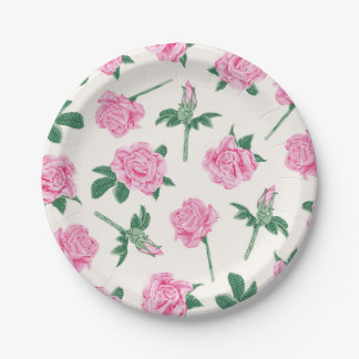 Geschilderd roze en groen rozenpatroon papieren bordje