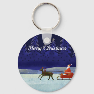 Geschilderde Blauwe Kerstnacht met Kerstman en ren Sleutelhanger