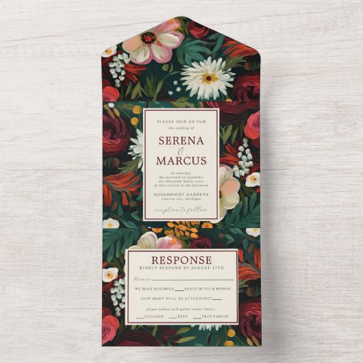 Geschilderde Bloemen Donker Bourgogne Groen Blauwg All In One Uitnodiging (Binnen)