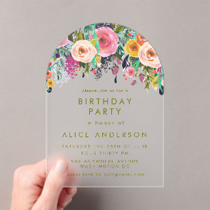 Geschilderde Bloemen Elegante Verjaardag Clear Acryl Uitnodigingen