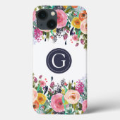 Geschilderde Bloemen Monogram Apple iPhone Case (Achterkant)