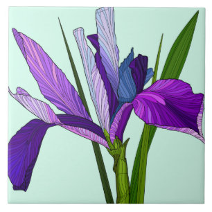 Geschilderde bloemen, paarse iris op munt tegeltje