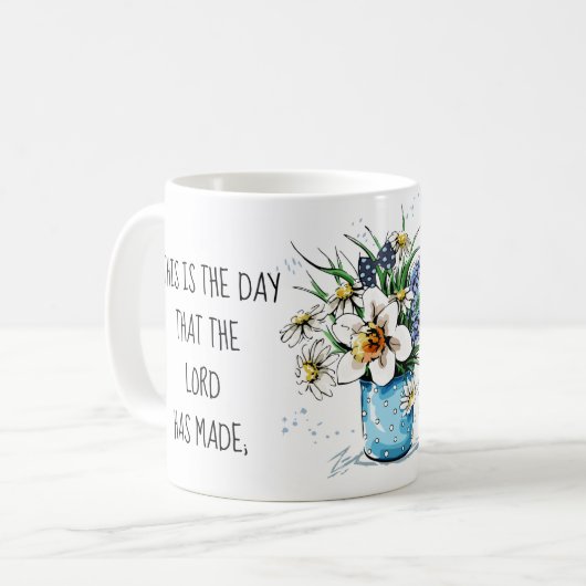 Geschilderde bloemen, vers van psalm 118:24 koffiemok (Voorkant links)