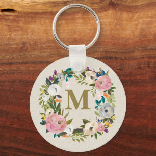 Geschilderde bloemstuk gepersonaliseerde monogram  sleutelhanger
