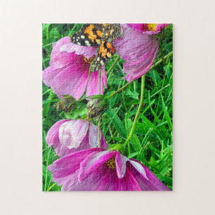 Geschilderde Dame Vlinder op Roze Cosmos Bloemen Legpuzzel