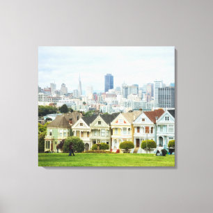 Geschilderde dames, Victoriaans huizen en skyline Canvas Afdruk