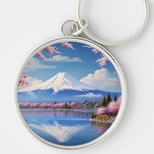 Geschilderde Fuji berg in kersbloesemseizoen Sleutelhanger (Voorkant)