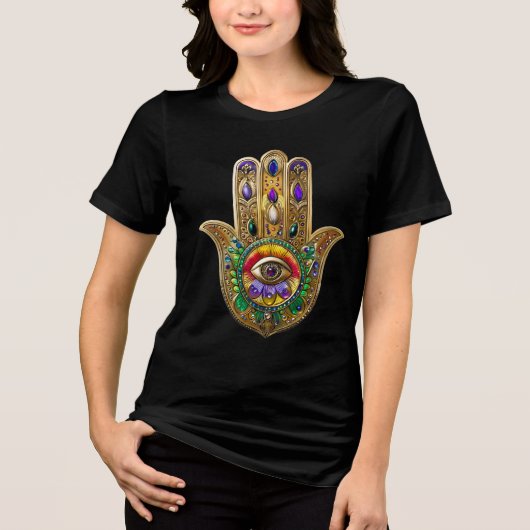 Geschilderde Gouden Hamsa Amethist Robijn Derde Oo Tri-Blend Shirt (Voorkant)