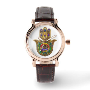 Geschilderde Gouden Hamsa Amethyst Robijn Derde Oo Horloge