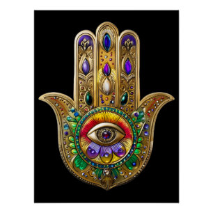 Geschilderde Gouden Hamsa Amethyst Robijn Derde Oo Perfect Poster