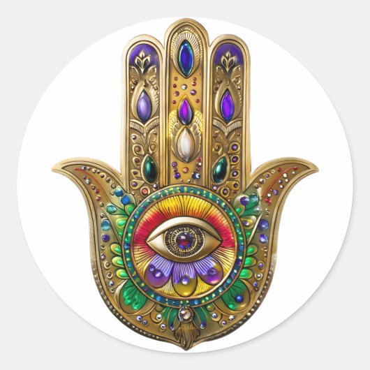 Geschilderde Gouden Hamsa Amethyst Robijn Derde Oo Ronde Sticker (Voorkant)